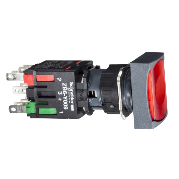 Schneider Electric XB6DW4B2B, Harmony Stil 6, Kırmızı, Işıklı Dikdörtgen Yaylı Buton, 12-24 Volt AC/DC, 1NK, 16mm