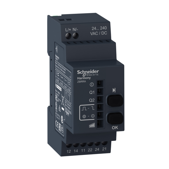 Schneider Electric ZBRRA, Harmony XB5R, 2 Röle Çıkışlı, 3 Amper, Kablosuz Butonlar için Monostable, Bistable veya Start-Stop Programlanabilir Alıcı, 24-240 Volt AC/DC, 2.4GHz ZigBee
