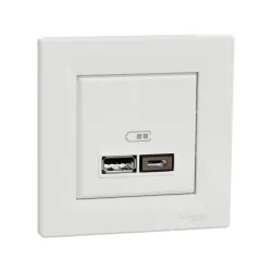 Schneider Electric EPH2700321, Asfora, Beyaz, USB Prizi, 2.4 Amper, İkili, Type A ve C, Çerçeveli