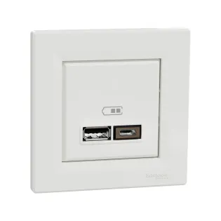 Schneider Electric EPH2700321, Asfora, Beyaz, USB Prizi, 2.4 Amper, İkili, Type A ve C, Çerçeveli
