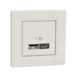 Schneider Electric EPH2700323, Asfora, Krem, USB Prizi, 2.4 Amper, İkili, Type A ve C, Çerçeveli