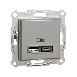 Schneider Electric EPH2700361, Asfora Plus, Alüminyum, USB Prizi, 2.4 Amper, İkili, Type A ve C, Çerçeveli