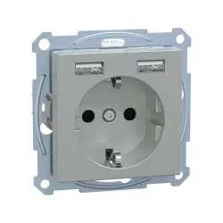 Schneider Electric MTN2366-0460, Merten System M, Alüminyum, Topraklı Priz, Çocuk Korumalı, 2xUSB Type A, 2.4 Amper