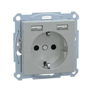 Schneider Electric MTN2366-0460, Merten System M, Alüminyum, Topraklı Priz, Çocuk Korumalı, 2xUSB Type A, 2.4 Amper