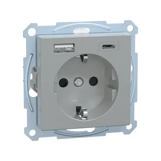 Schneider Electric MTN2367-0460, Merten System M, Alüminyum, Topraklı Priz, Çocuk Korumalı, USB Type A+C, 3 Amper