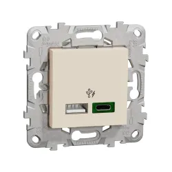 Schneider Electric NU501344, Unica, Krem, USB Priz, 3 Amper, 45W, Type A+C, İkili, 2 Modül, Montaj Plakalı