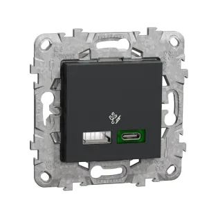 Schneider Electric NU501354, Unica, Antrasit, USB Priz, 3 Amper, 45W, Type A+C, İkili, 2 Modül, Montaj Plakalı