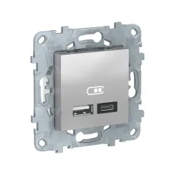 Schneider Electric NU501830, Unica, Alüminyum, USB Priz, 2.4 Amper, 12W, Type A+C, İkili, 2 Modül, Montaj Plakalı