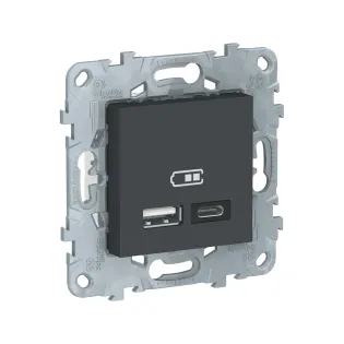 Schneider Electric NU501854, Unica, Antrasit, USB Priz, 2.4 Amper, 12W, Type A+C, İkili, 2 Modül, Montaj Plakalı
