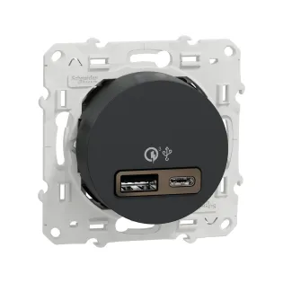 Schneider Electric S540219, Odace, Antrasit, USB Prizi, 2.4 Amper, İkili, Type A+C, 18W, Çerçevesiz