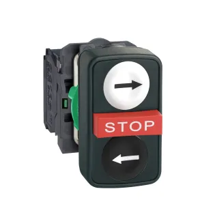 Schneider Electric XB5AA711237, Harmony Stil 5, Beyaz Sağ ve Siyah Sol Ok İşaretli, Kırmızı Çıkık Stop Yazılı, Üçlü Yaylı Buton, 2NA+1NK, 22mm