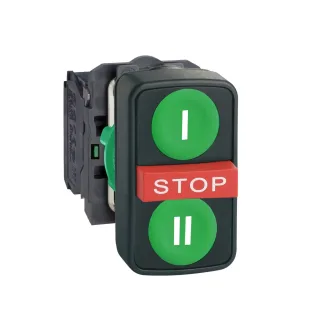 Schneider Electric XB5AA731327, Harmony Stil 5, Yeşil "I"ve "II" İşaretli, Kırmızı Çıkık Stok Yazılı, Üçlü Yaylı Buton, 2NA+1NK, 22mm