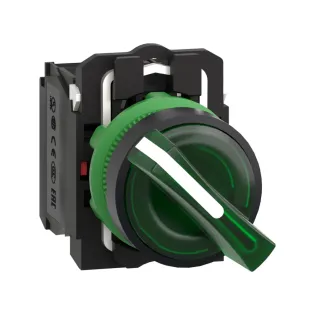 Schneider Electric XB5AK123M5, Harmony Stil 5, Yeşil, Işıklı Mandal Buton, 0-1 Konumlu, 230 Volt AC, 1NA+1NK, 22mm