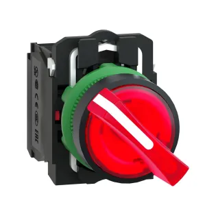 Schneider Electric XB5AK124M5, Harmony Stil 5, Kırmızı, Işıklı Mandal Buton, 0-1 Konumlu, 230 Volt AC, 1NA+1NK, 22mm