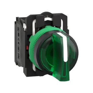 Schneider Electric XB5AK133B5, Harmony Stil 5, Yeşil, Işıklı Mandal Buton, 1-0-2 Konumlu, 24 Volt AC/DC, 1NA+1NK, 22mm