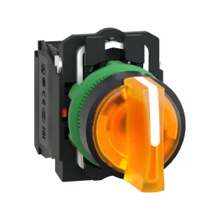 Schneider Electric XB5AK135M5, Harmony Stil 5, Turuncu, Işıklı Mandal Buton, 1-0-2 Konumlu, 230 Volt AC, 1NA+1NK, 22mm