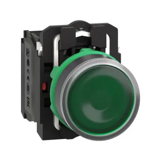 Schneider Electric XB5AW33M5, Harmony Stil 5, Yeşil, Işıklı Yaylı Buton, 230 Volt AC, 1NA+1NK, 22mm