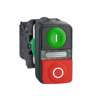 Schneider Electric XB5AW73731B5, Harmony Stil 5, Yeşil "I" İşaretli, Kırmızı Çıkık "O" İşaretli, Çiftli Işıklı Yaylı Buton, 24 Volt AC/DC, 1NA+1NK, 22mm