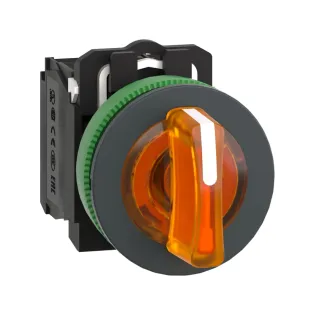 Schneider Electric XB5FK135M5, Harmony Plus Stil 5, Turuncu, Işıklı Mandal Buton, 1-0-2 Konumlu, 230 Volt AC, 1NA+1NK, 30mm