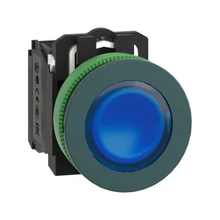 Schneider Electric XB5FW36B5, Harmony Plus Stil 5, Mavi, Işıklı Yaylı Buton, 24 Volt AC/DC, 1NA+1NK, 30mm