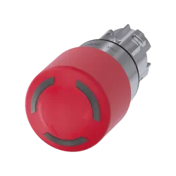 Siemens 3SU1051-1HB20-0AA0, Sirius ACT, Parlak Metal, Kırmızı, 40mm Mantar Kafalı, Işıklı Çevir-Kur Acil Stop Buton Kafası, 22mm