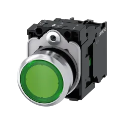 Siemens 3SU1152-0AB40-1BA0, Sirius ACT, Parlak Metal, Yeşil, Işıklı Yaylı Buton, 24 Volt AC/DC, 1NA, 22mm