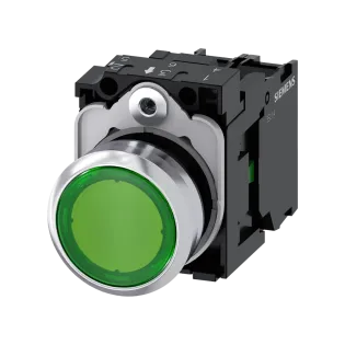 Siemens 3SU1152-0AB40-1BA0, Sirius ACT, Parlak Metal, Yeşil, Işıklı Yaylı Buton, 24 Volt AC/DC, 1NA, 22mm