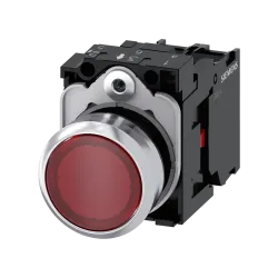 Siemens 3SU1156-0AB20-1CA0, Sirius ACT, Parlak Metal, Kırmızı, Işıklı Yaylı Buton, 230 Volt AC, 1NK, 22mm