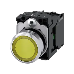 Siemens 3SU1156-0AB30-1BA0, Sirius ACT, Parlak Metal, Sarı, Işıklı Yaylı Buton, 230 Volt AC, 1NA, 22mm