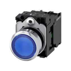 Siemens 3SU1156-0AB50-1BA0, Sirius ACT, Parlak Metal, Mavi, Işıklı Yaylı Buton, 230 Volt AC, 1NA, 22mm