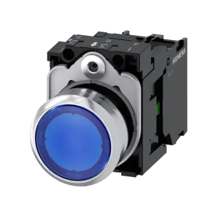 Siemens 3SU1156-0AB50-1BA0, Sirius ACT, Parlak Metal, Mavi, Işıklı Yaylı Buton, 230 Volt AC, 1NA, 22mm
