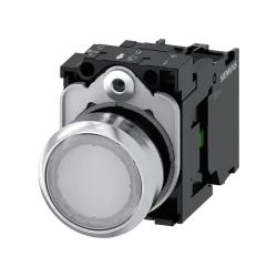 Siemens 3SU1156-0AB60-1BA0, Sirius ACT, Parlak Metal, Beyaz, Işıklı Yaylı Buton, 230 Volt AC, 1NA, 22mm