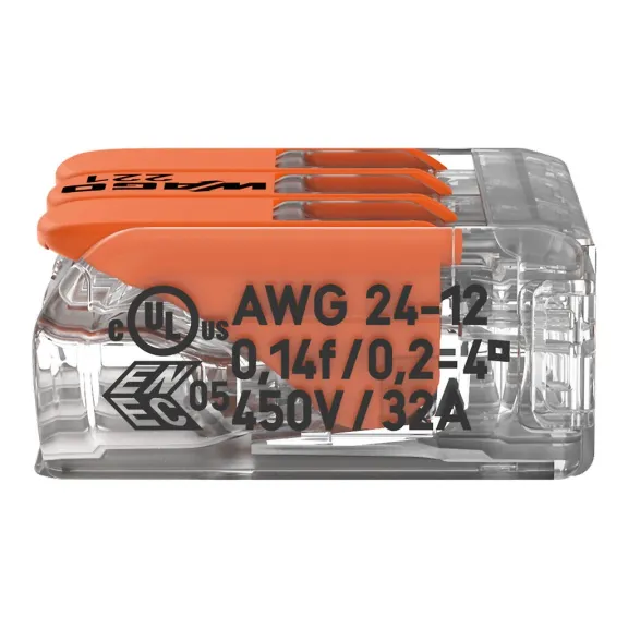 Wago 221-413, 221 Serisi, 3x4 mm² Tırnaklı Buat Klemensi