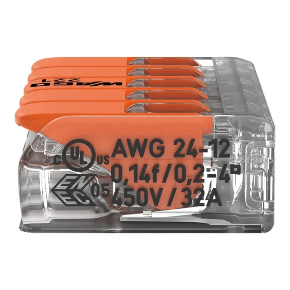 Wago 221-415, 221 Serisi, 5x4 mm² Tırnaklı Buat Klemensi